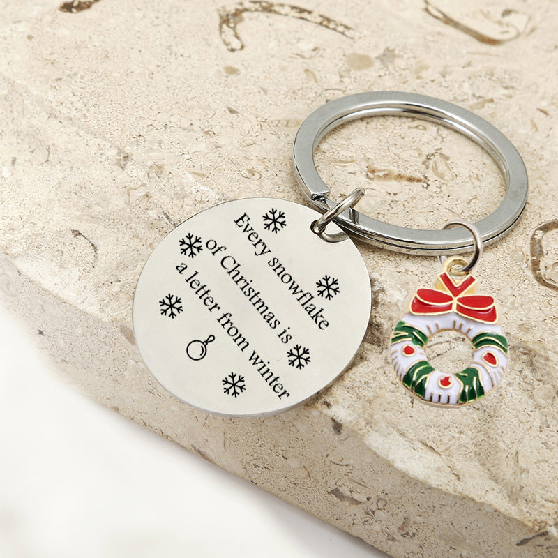 Wholesale Christmas Medallion Snowflake Pattern Engraved Stainless Steel Keychain
